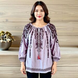 JOHNNY WAS BIYA Gray Embroidered Boho Cotton Tunic Top SZ Small